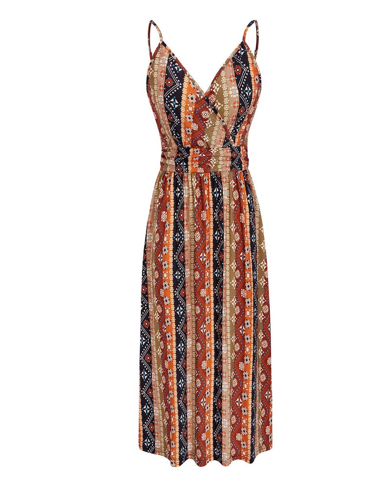 OUGES Women's Summer Spaghetti Strap V-Neck Floral Midi Party Dress with Pockets(Floral 21,S) - Image 2